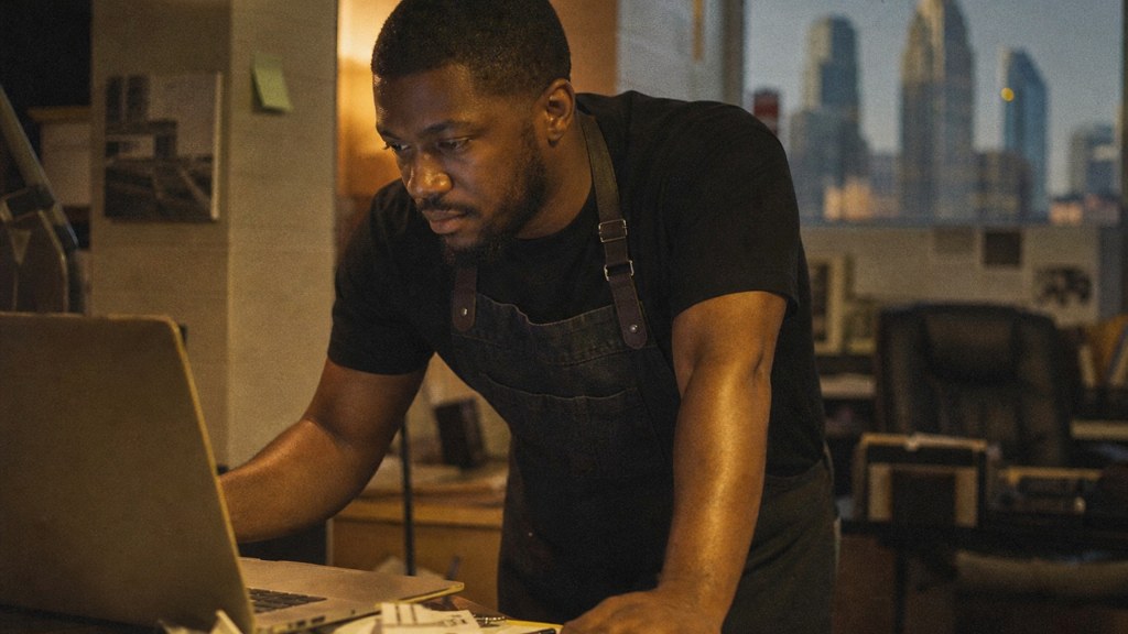 A small-business owner in an apron leaning over a laptop on a cluttered back-office desk late in the day, photographed in Atlanta