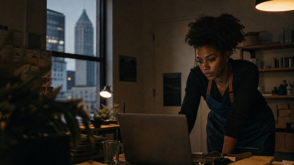 A small-business owner in an apron leaning over a laptop on a cluttered back-office desk late in the day, photographed in Atlanta