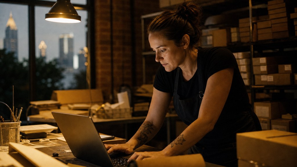 A small-business owner in an apron leaning over a laptop on a cluttered back-office desk late in the day, photographed in Atlanta