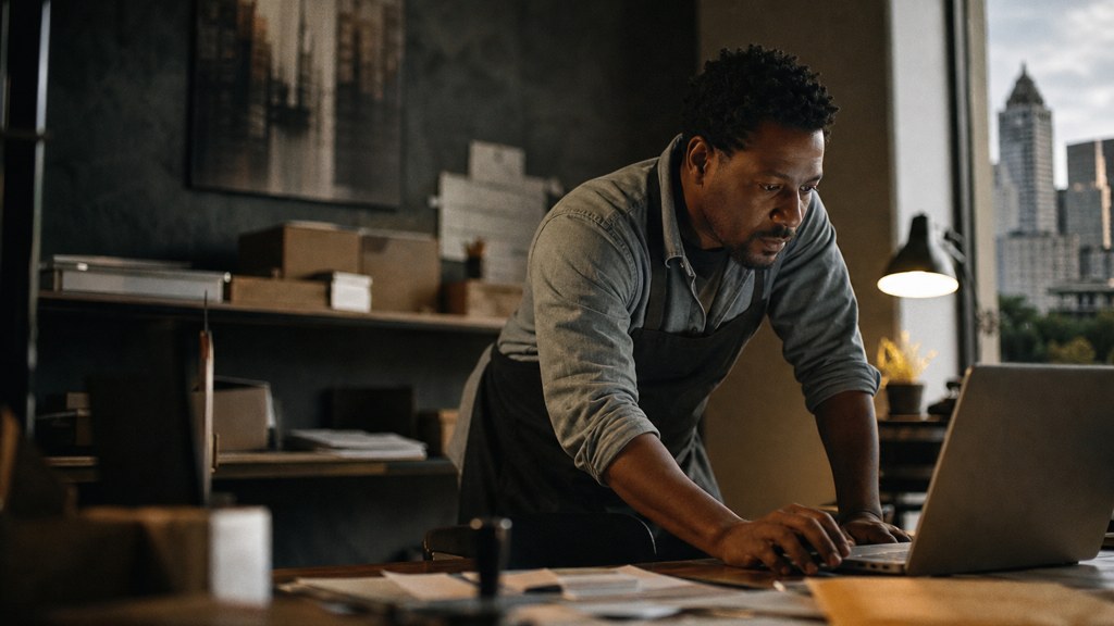A small-business owner in an apron leaning over a laptop on a cluttered back-office desk late in the day, photographed in Atlanta