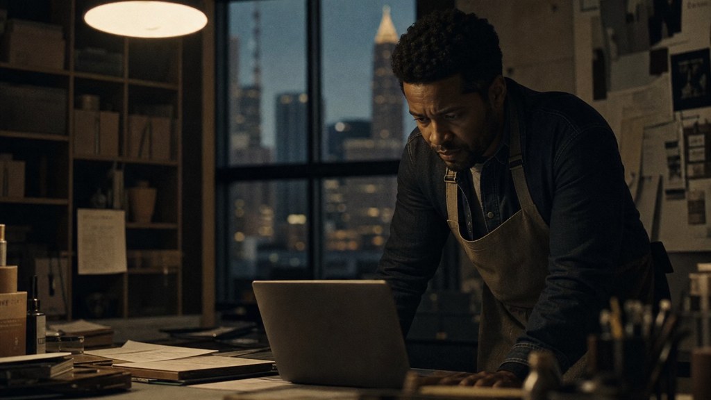 A small-business owner in an apron leaning over a laptop on a cluttered back-office desk late in the day, photographed in Atlanta