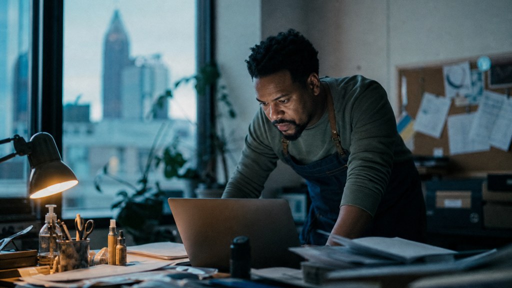 A small-business owner in an apron leaning over a laptop on a cluttered back-office desk late in the day, photographed in Atlanta