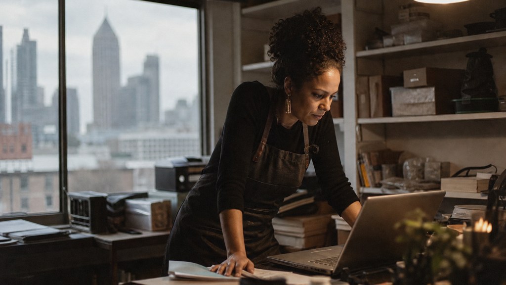 A small-business owner in an apron leaning over a laptop on a cluttered back-office desk late in the day, photographed in Atlanta