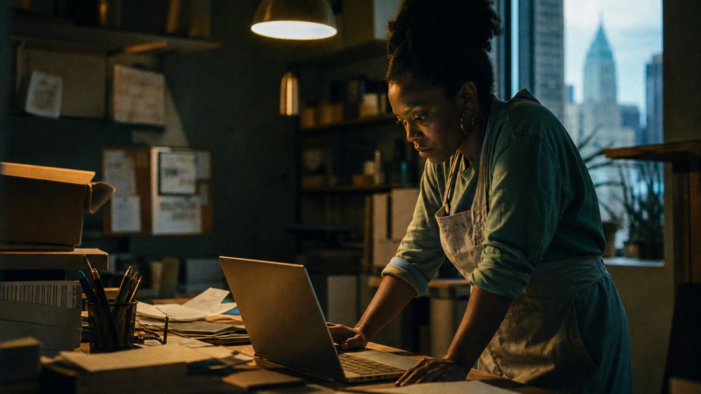 A small-business owner in an apron leaning over a laptop on a cluttered back-office desk late in the day, photographed in Atlanta