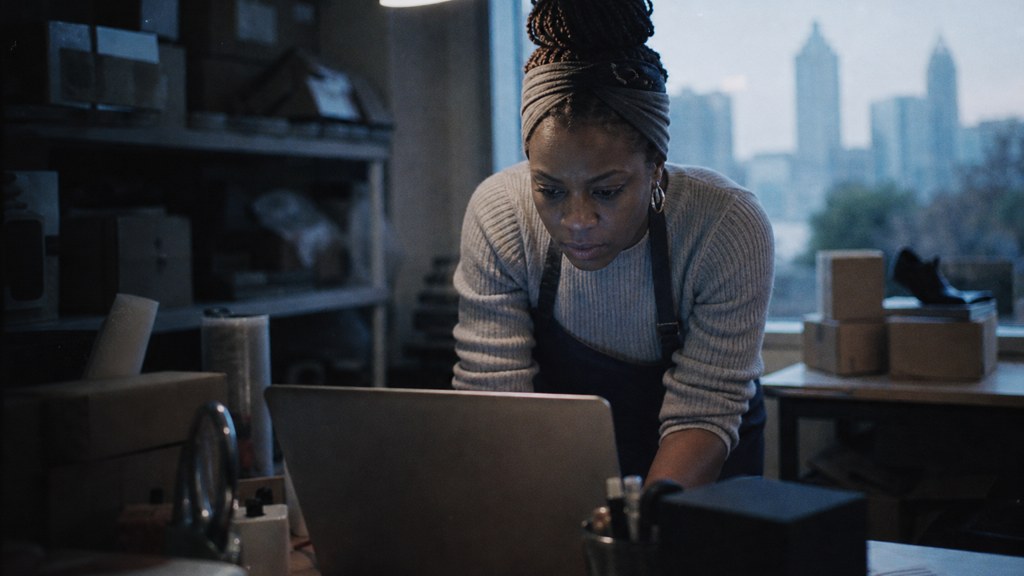 A small-business owner in an apron leaning over a laptop on a cluttered back-office desk late in the day, photographed in Atlanta