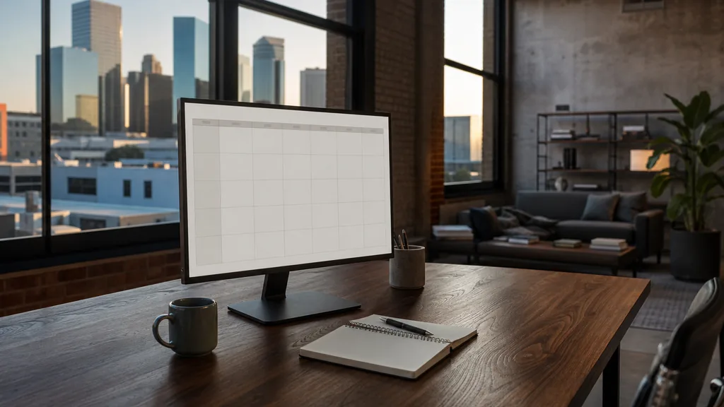 Editorial photograph of an empty modern email marketing studio in a Dallas Design District loft office with tall windows onto low warehouses and a glass skyline in warm evening light, a widescreen monitor showing a blank campaign and automation view, a keyboard and a mug on a wooden desk, no people and no signage
