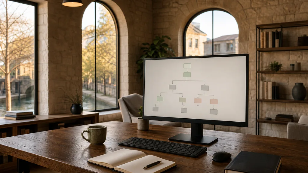 Editorial photograph of an empty modern email marketing studio in a San Antonio stone-walled office with arched windows onto a river walk and low rooftops in golden light, a widescreen monitor showing a blank campaign and automation view, a keyboard and a mug on a wooden desk, no people and no signage