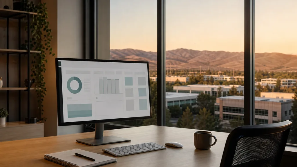 Editorial photograph of an empty modern email marketing studio in a San Jose office with wide windows onto low tech campuses and dry hills at sunset, a widescreen monitor showing a blank campaign and automation view, a keyboard and a mug on a wooden desk, no people and no signage