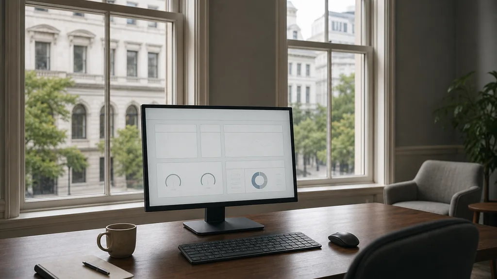 Editorial photograph of an empty modern email marketing studio in a Washington DC office with tall sash windows onto low limestone facades and leafy streets in soft daylight, a widescreen monitor showing a blank campaign and automation view, a keyboard and a mug on a wooden desk, no people and no signage