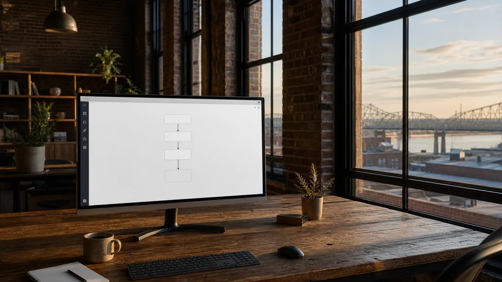Editorial photograph of an empty modern email marketing studio in a St Louis brick warehouse office with tall windows onto river bridges and low rooftops in warm evening light, a widescreen monitor showing a blank campaign and automation view, a keyboard and a mug on a wooden desk, no people and no signage