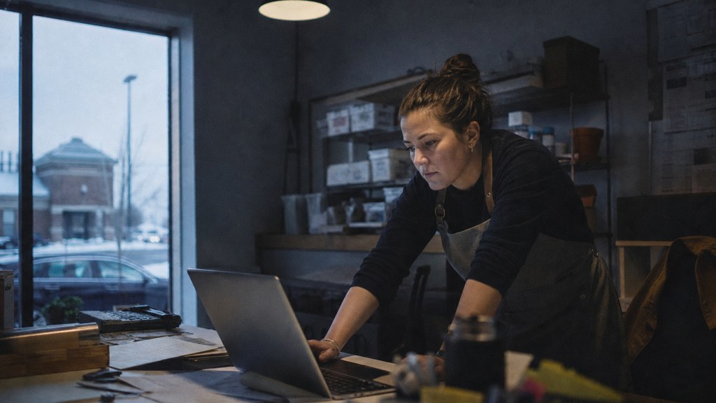 A small-business owner in an apron leaning over a laptop on a cluttered back-office desk late in the day, photographed in Aurora