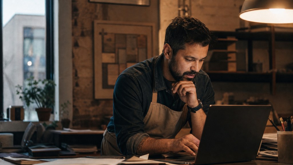 A small-business owner in an apron leaning over a laptop on a cluttered back-office desk late in the day, photographed in Aurora