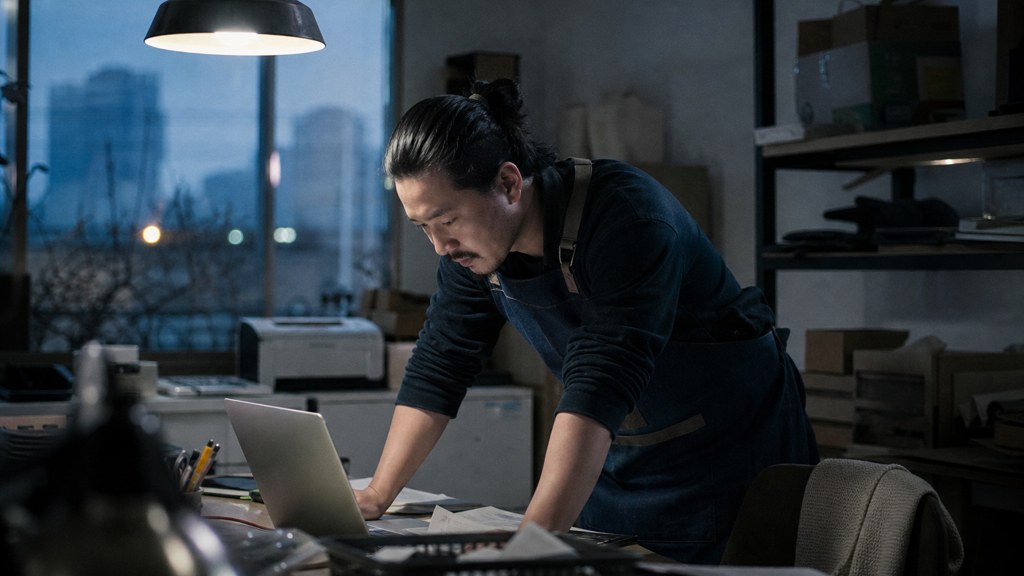 A small-business owner in an apron leaning over a laptop on a cluttered back-office desk late in the day, photographed in Aurora
