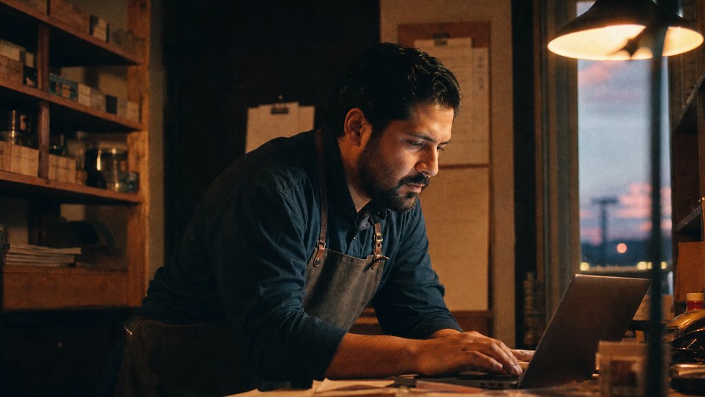 A small-business owner in an apron leaning over a laptop on a cluttered back-office desk late in the day, photographed in Aurora
