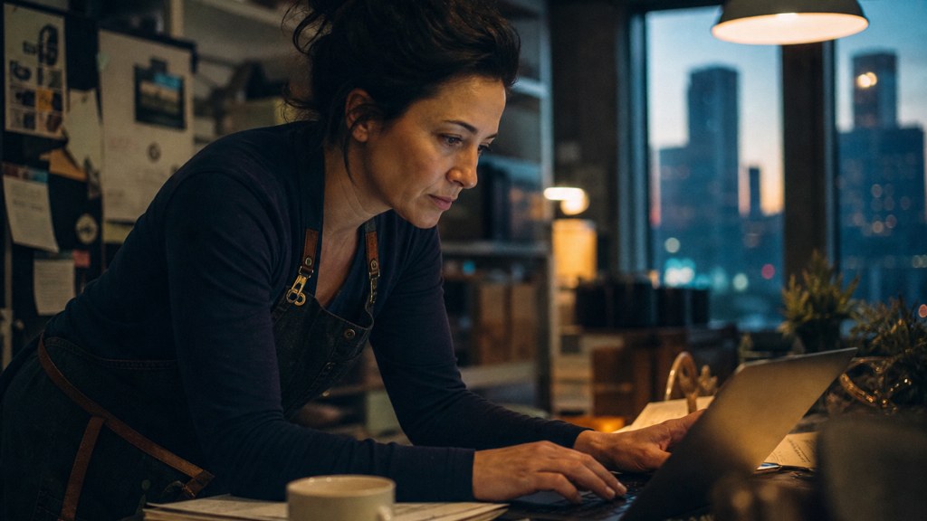 A small-business owner in an apron leaning over a laptop on a cluttered back-office desk late in the day, photographed in Aurora