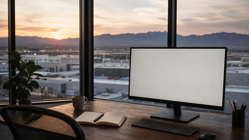 Editorial photograph of an empty modern copywriting studio in a Las Vegas office with wide windows onto low desert rooftops and distant mountains at dusk, a widescreen monitor showing a blank page of draft copy, a notebook and a mug on a wooden desk, no people and no signage