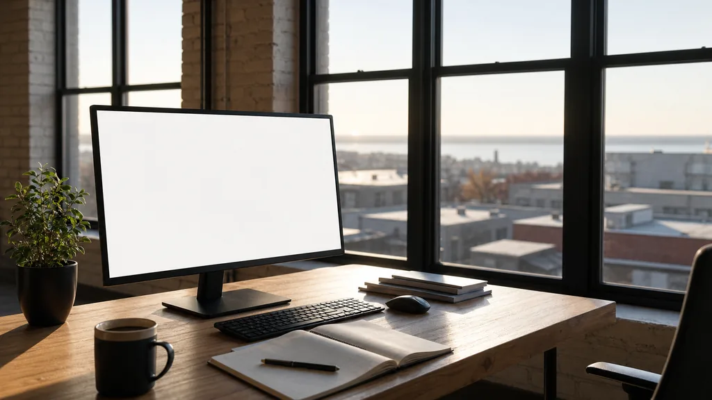 Editorial photograph of an empty modern copywriting studio in a Milwaukee cream-brick warehouse office with tall windows onto low rooftops and a lake horizon in morning light, a widescreen monitor showing a blank page of draft copy, a notebook and a mug on a wooden desk, no people and no signage