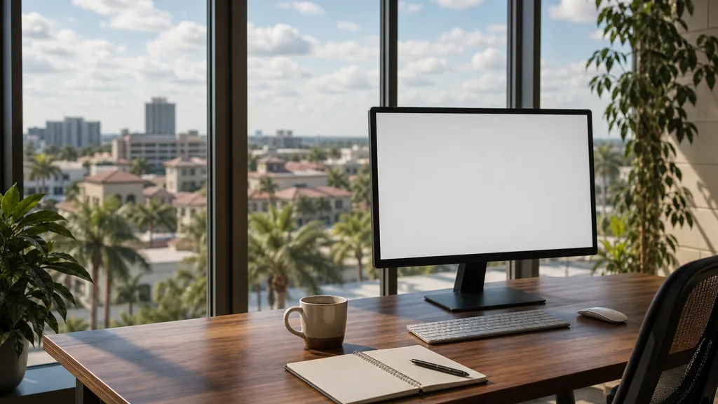Editorial photograph of an empty modern copywriting studio in an Orlando office with tall windows onto palms and low pastel rooftops in bright afternoon light, a widescreen monitor showing a blank page of draft copy, a notebook and a mug on a wooden desk, no people and no signage