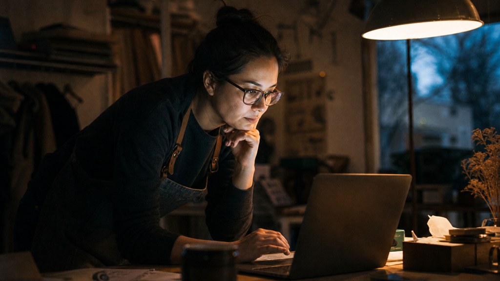 A small-business owner in an apron leaning over a laptop on a cluttered back-office desk late in the day, photographed in Aurora