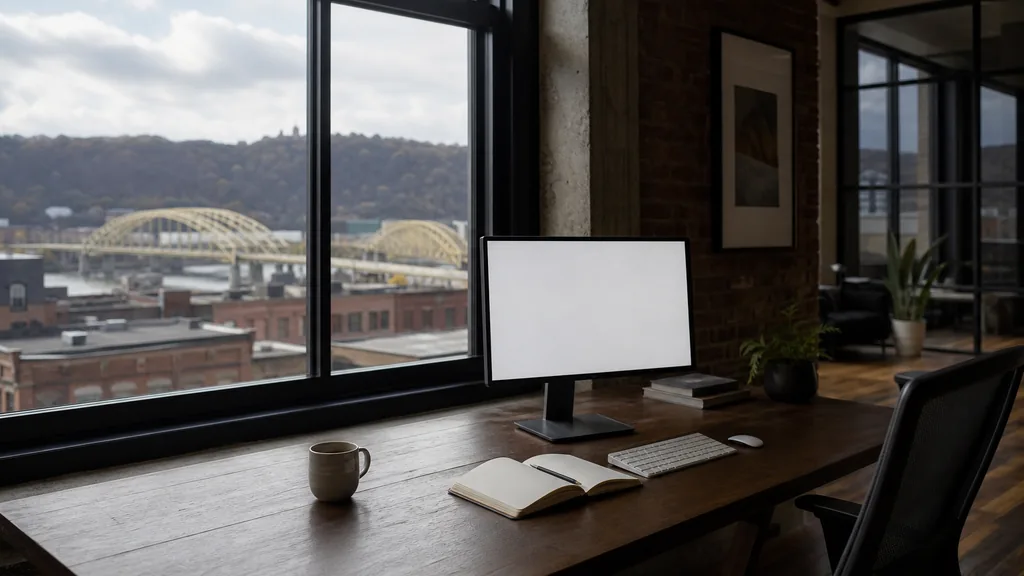 Editorial photograph of an empty modern copywriting studio in a Pittsburgh converted mill office with steel-framed windows onto river bridges and low rooftops in soft daylight, a widescreen monitor showing a blank page of draft copy, a notebook and a mug on a wooden desk, no people and no signage