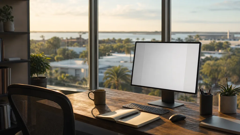 Editorial photograph of an empty modern copywriting studio in a Tampa office with wide windows onto palms, low rooftops and a bay horizon in golden light, a widescreen monitor showing a blank page of draft copy, a notebook and a mug on a wooden desk, no people and no signage