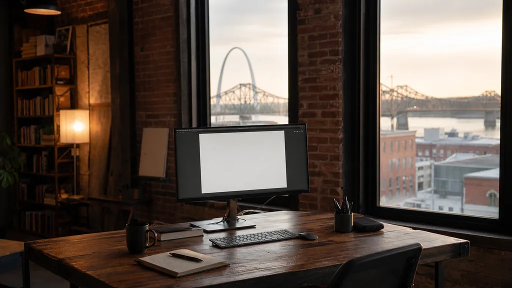 Editorial photograph of an empty modern copywriting studio in a St Louis brick warehouse office with tall windows onto river bridges and low rooftops in warm evening light, a widescreen monitor showing a blank page of draft copy, a notebook and a mug on a wooden desk, no people and no signage