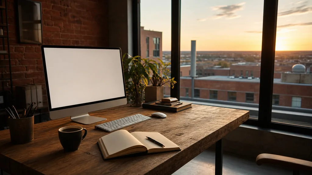 Editorial photograph of an empty modern copywriting studio in an Oklahoma City office with wide windows onto low brick rooftops and a flat prairie horizon at sunset, a widescreen monitor showing a blank page of draft copy, a notebook and a mug on a wooden desk, no people and no signage