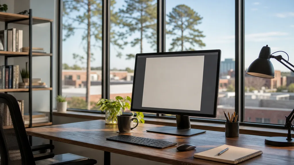 Editorial photograph of an empty modern copywriting studio in a Raleigh office with tall windows onto pine trees and low brick rooftops in soft daylight, a widescreen monitor showing a blank page of draft copy, a notebook and a mug on a wooden desk, no people and no signage