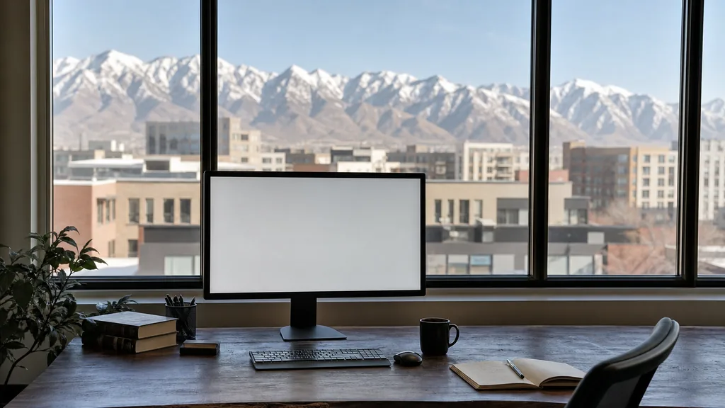 Editorial photograph of an empty modern copywriting studio in a Salt Lake City office with wide windows onto low rooftops and snow-topped Wasatch peaks in clear light, a widescreen monitor showing a blank page of draft copy, a notebook and a mug on a wooden desk, no people and no signage