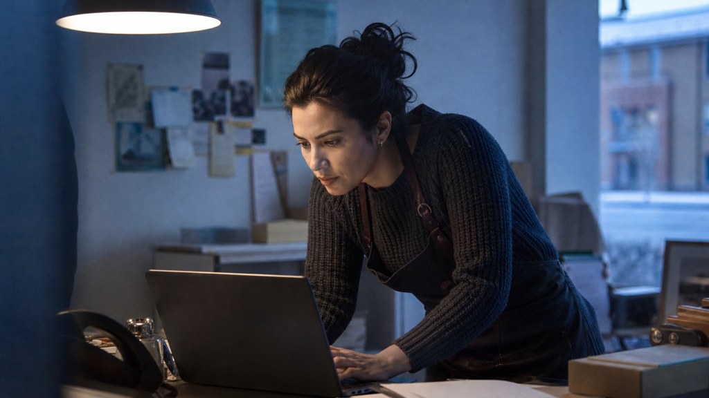 A small-business owner in an apron leaning over a laptop on a cluttered back-office desk late in the day, photographed in Aurora