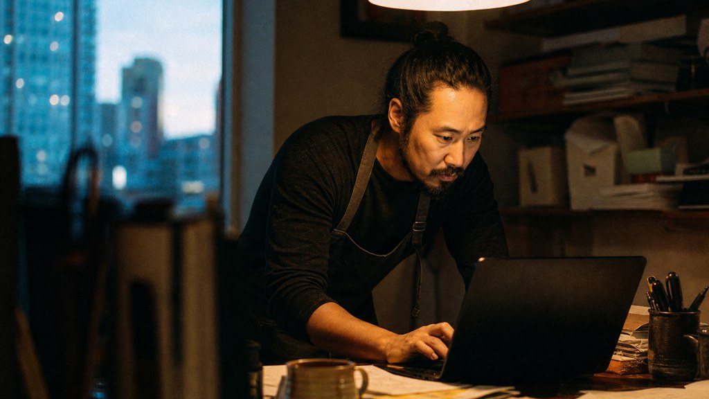A small-business owner in an apron leaning over a laptop on a cluttered back-office desk late in the day, photographed in Aurora