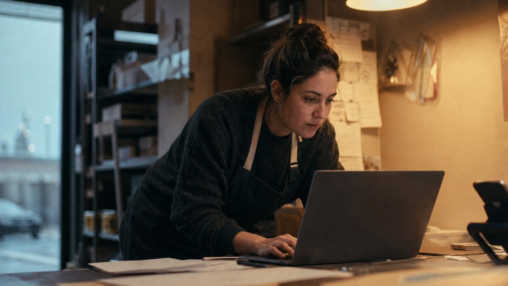 A small-business owner in an apron leaning over a laptop on a cluttered back-office desk late in the day, photographed in Aurora