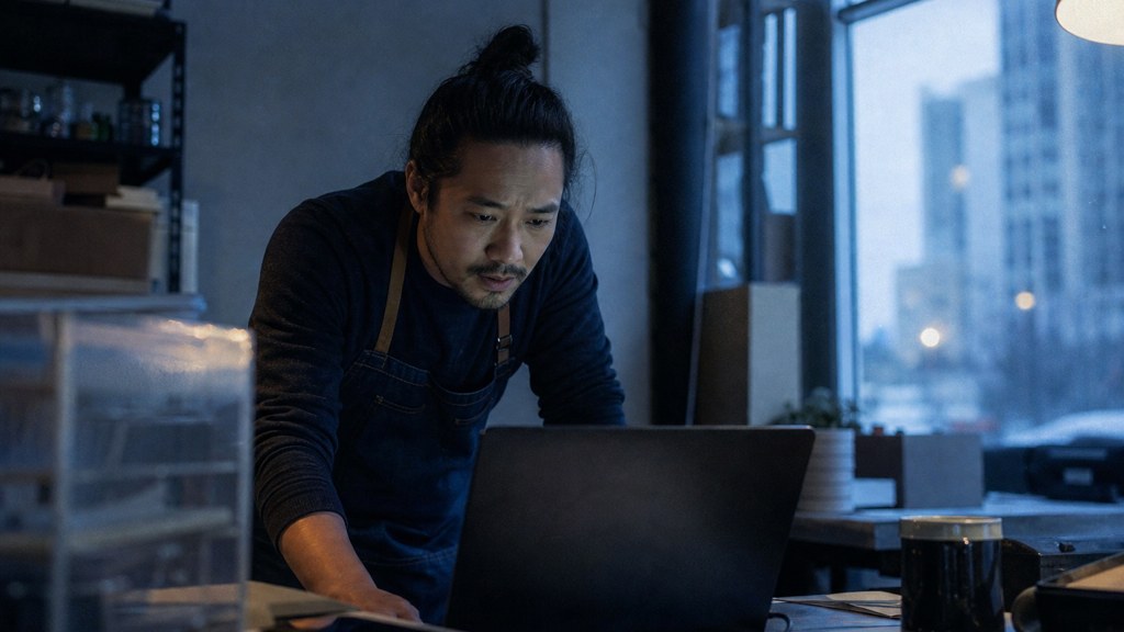 A small-business owner in an apron leaning over a laptop on a cluttered back-office desk late in the day, photographed in Aurora