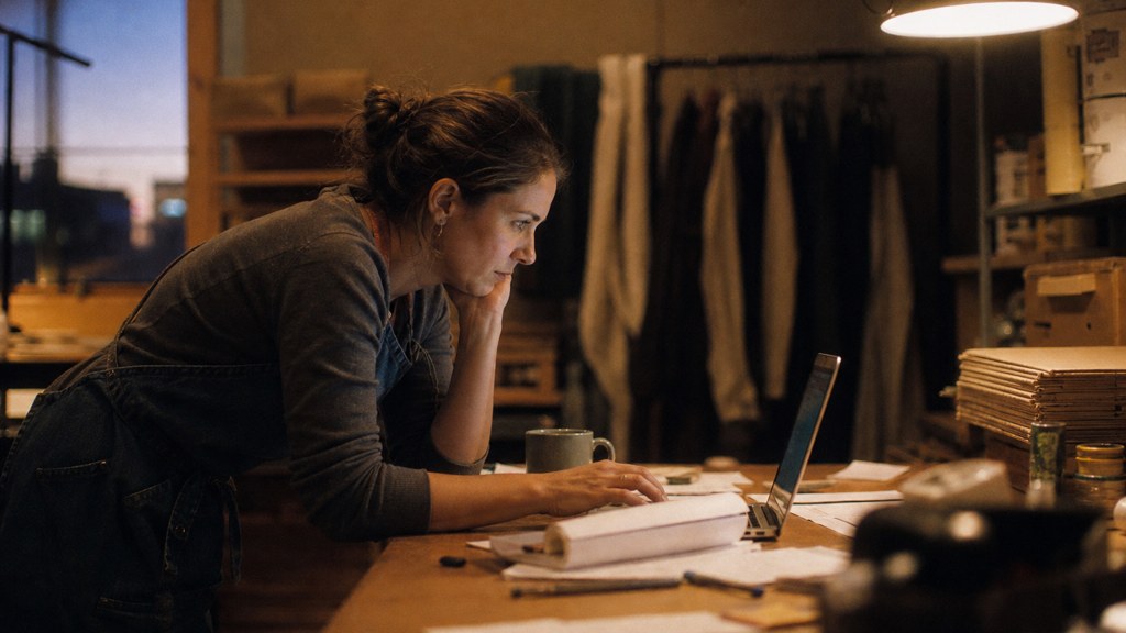 A small-business owner in an apron leaning over a laptop on a cluttered back-office desk late in the day, photographed in Aurora