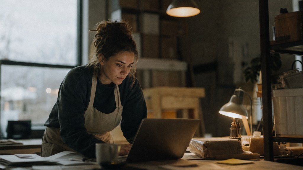 A small-business owner in an apron leaning over a laptop on a cluttered back-office desk late in the day, photographed in Aurora