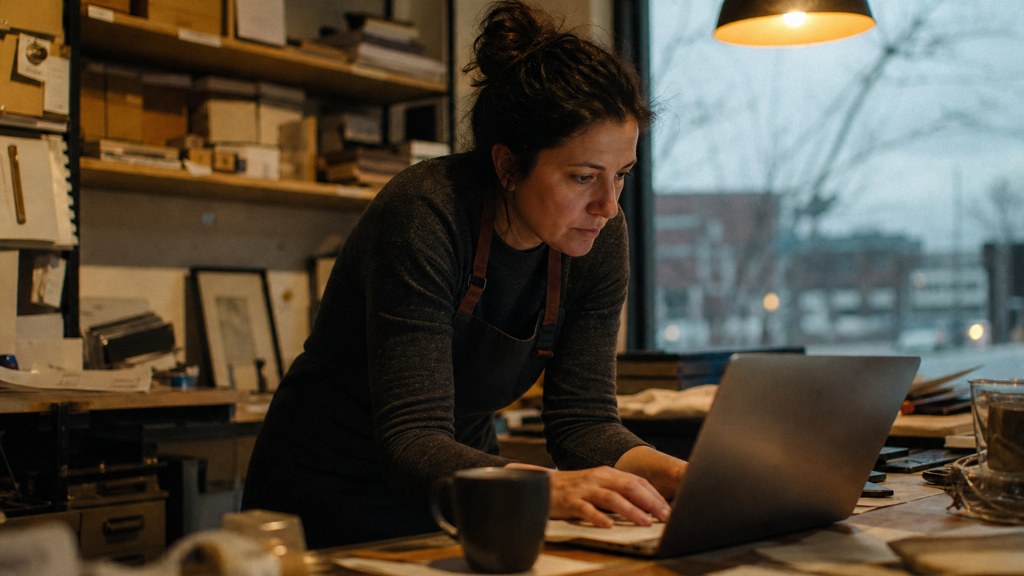 A small-business owner in an apron leaning over a laptop on a cluttered back-office desk late in the day, photographed in Aurora