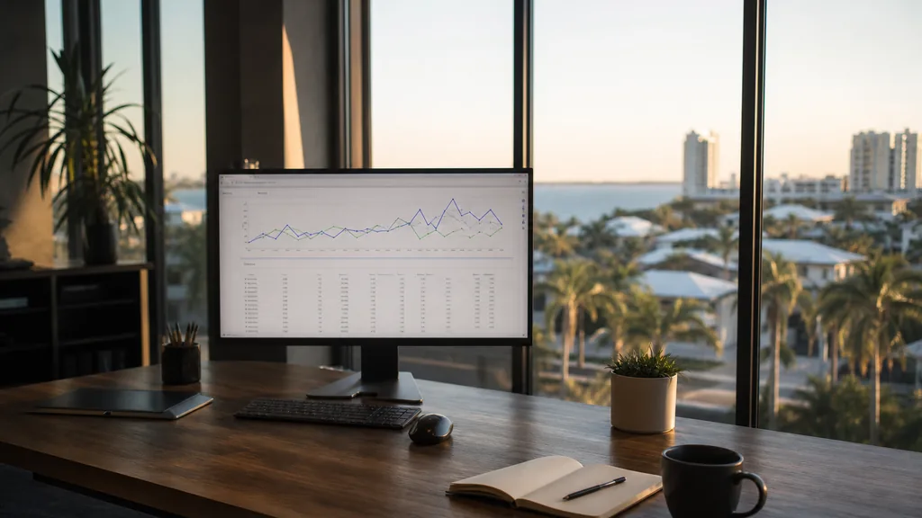 Editorial photograph of an empty modern analytics studio in a Tampa office with wide windows onto palms, low rooftops and a bay horizon in golden light, a widescreen monitor showing an anonymous line chart and a data table, a notebook and a mug on a wooden desk, no people and no signage