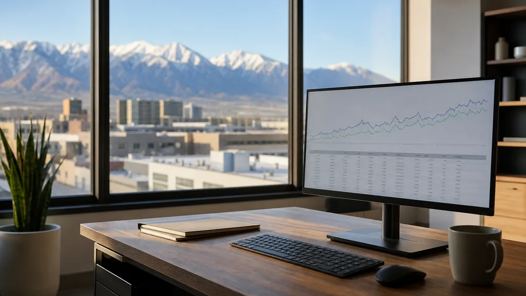 Editorial photograph of an empty modern analytics studio in a Salt Lake City office with wide windows onto low rooftops and snow-topped Wasatch peaks in clear light, a widescreen monitor showing an anonymous line chart and a data table, a notebook and a mug on a wooden desk, no people and no signage