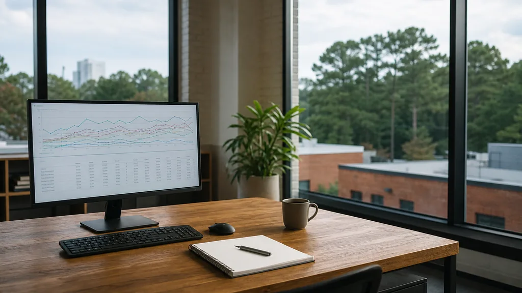 Editorial photograph of an empty modern analytics studio in a Raleigh office with tall windows onto pine trees and low brick rooftops in soft daylight, a widescreen monitor showing an anonymous line chart and a data table, a notebook and a mug on a wooden desk, no people and no signage