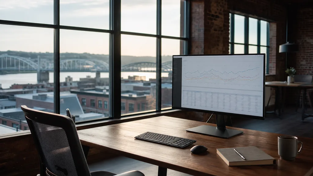 Editorial photograph of an empty modern analytics studio in a Cincinnati brick warehouse office with tall windows onto river bridges and low rooftops in soft morning light, a widescreen monitor showing an anonymous line chart and a data table, a notebook and a mug on a wooden desk, no people and no signage
