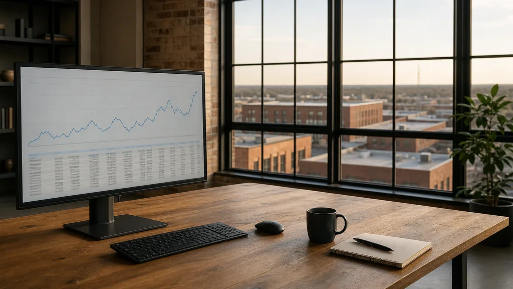 Editorial photograph of an empty modern analytics studio in a Fort Worth office with wide windows onto low brick rooftops and a flat Texas horizon in late afternoon light, a widescreen monitor showing an anonymous line chart and a data table, a notebook and a mug on a wooden desk, no people and no signage