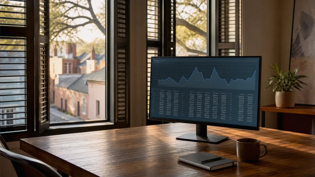 Editorial photograph of an empty modern analytics studio in a New Orleans office with tall shuttered windows onto low pastel rooftops and live oaks in warm afternoon light, a widescreen monitor showing an anonymous line chart and a data table, a notebook and a mug on a wooden desk, no people and no signage