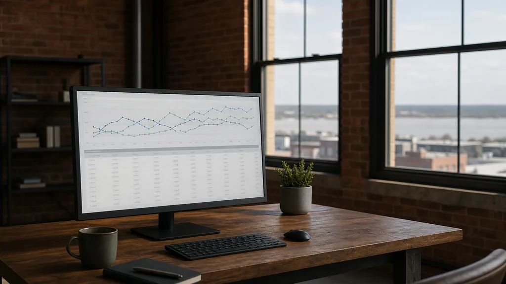 Editorial photograph of an empty modern analytics studio in a Louisville brick warehouse office with tall windows onto low rooftops and the Ohio River in soft daylight, a widescreen monitor showing an anonymous line chart and a data table, a notebook and a mug on a wooden desk, no people and no signage
