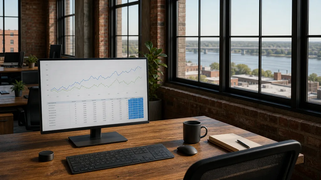 Editorial photograph of an empty modern analytics studio in a Richmond converted tobacco warehouse office with steel-framed windows onto low rooftops and the James River in soft light, a widescreen monitor showing an anonymous line chart and a data table, a notebook and a mug on a wooden desk, no people and no signage
