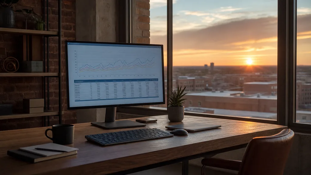 Editorial photograph of an empty modern analytics studio in an Oklahoma City office with wide windows onto low brick rooftops and a flat prairie horizon at sunset, a widescreen monitor showing an anonymous line chart and a data table, a notebook and a mug on a wooden desk, no people and no signage
