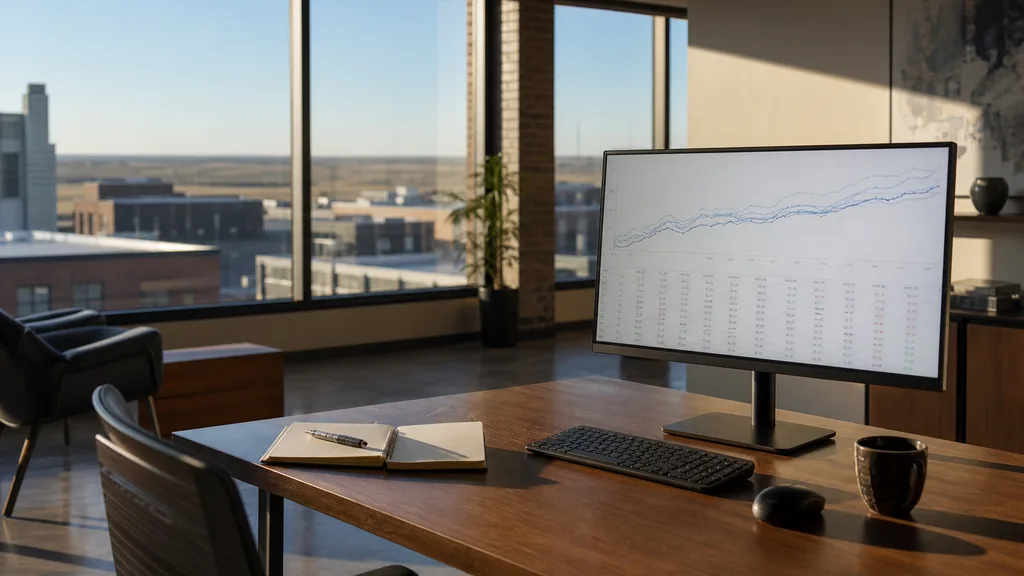 Editorial photograph of an empty modern analytics studio in an Omaha office with wide windows onto low brick rooftops and a wide plains horizon in clear morning light, a widescreen monitor showing an anonymous line chart and a data table, a notebook and a mug on a wooden desk, no people and no signage