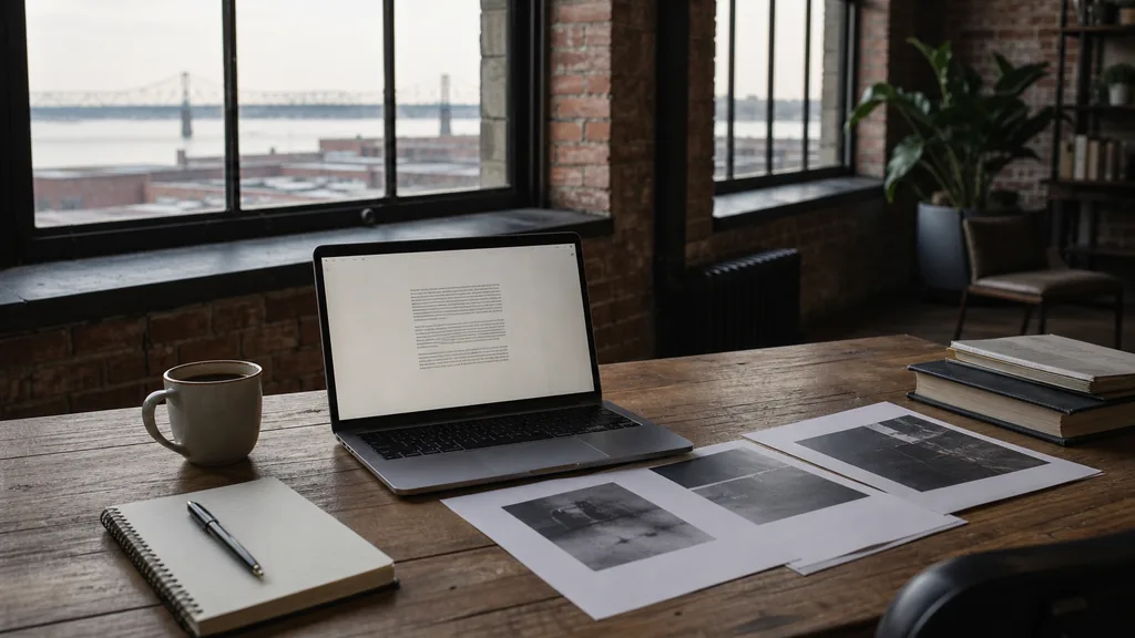 Editorial photograph of an empty modern writing studio in a Louisville brick warehouse office with tall windows onto low rooftops and the Ohio River in soft daylight, a laptop showing an anonymous draft document, printed page proofs, a notebook and a mug on a wooden desk, no people and no signage
