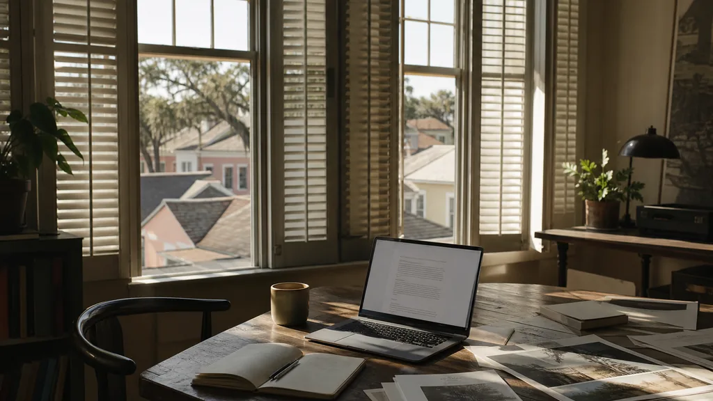Editorial photograph of an empty modern writing studio in a New Orleans office with tall shuttered windows onto low pastel rooftops and live oaks in warm afternoon light, a laptop showing an anonymous draft document, printed page proofs, a notebook and a mug on a wooden desk, no people and no signage