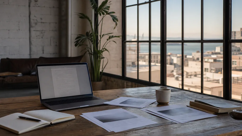 Editorial photograph of an empty modern writing studio in an Oakland converted warehouse office with steel-framed windows onto low rooftops and the bay in clear morning light, a laptop showing an anonymous draft document, printed page proofs, a notebook and a mug on a wooden desk, no people and no signage