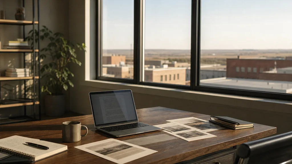 Editorial photograph of an empty modern writing studio in an Omaha office with wide windows onto low brick rooftops and a wide plains horizon in clear morning light, a laptop showing an anonymous draft document, printed page proofs, a notebook and a mug on a wooden desk, no people and no signage